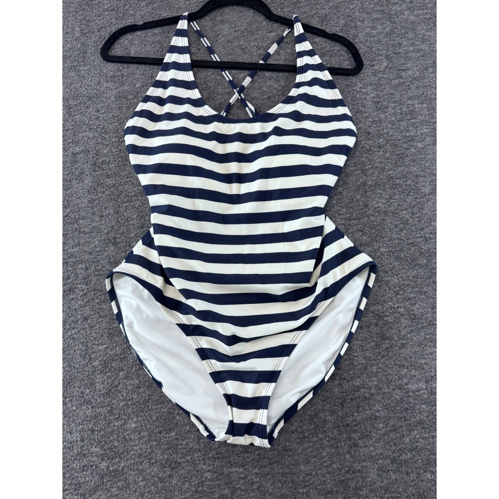 GAP Womens Navy Blue White Striped Crisscross Back One Piece Swimsuit Size L